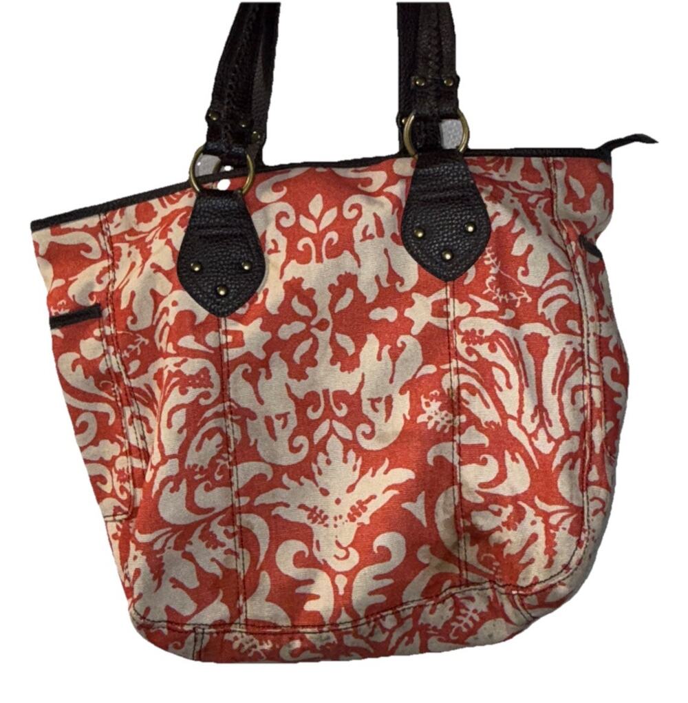 Estée Lauder Red Beige Pattern Tote Bag 12.5x13" Canvas PVC Trim Shoulder Purse